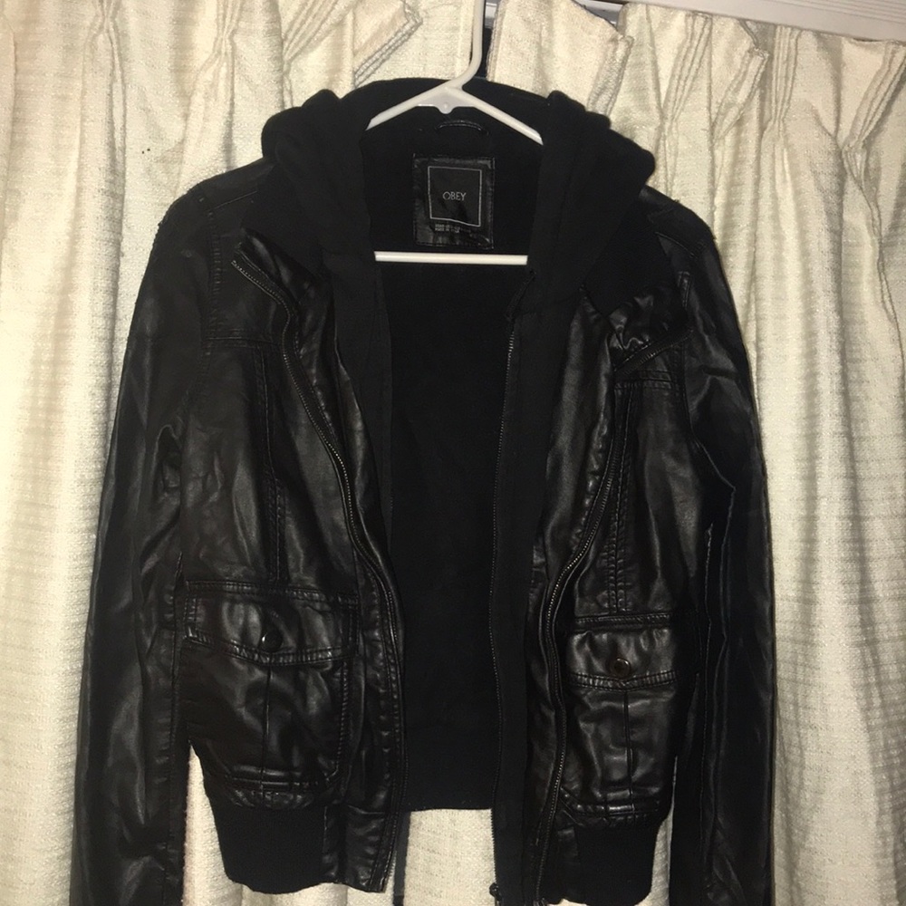 Obey leather jacket with hood